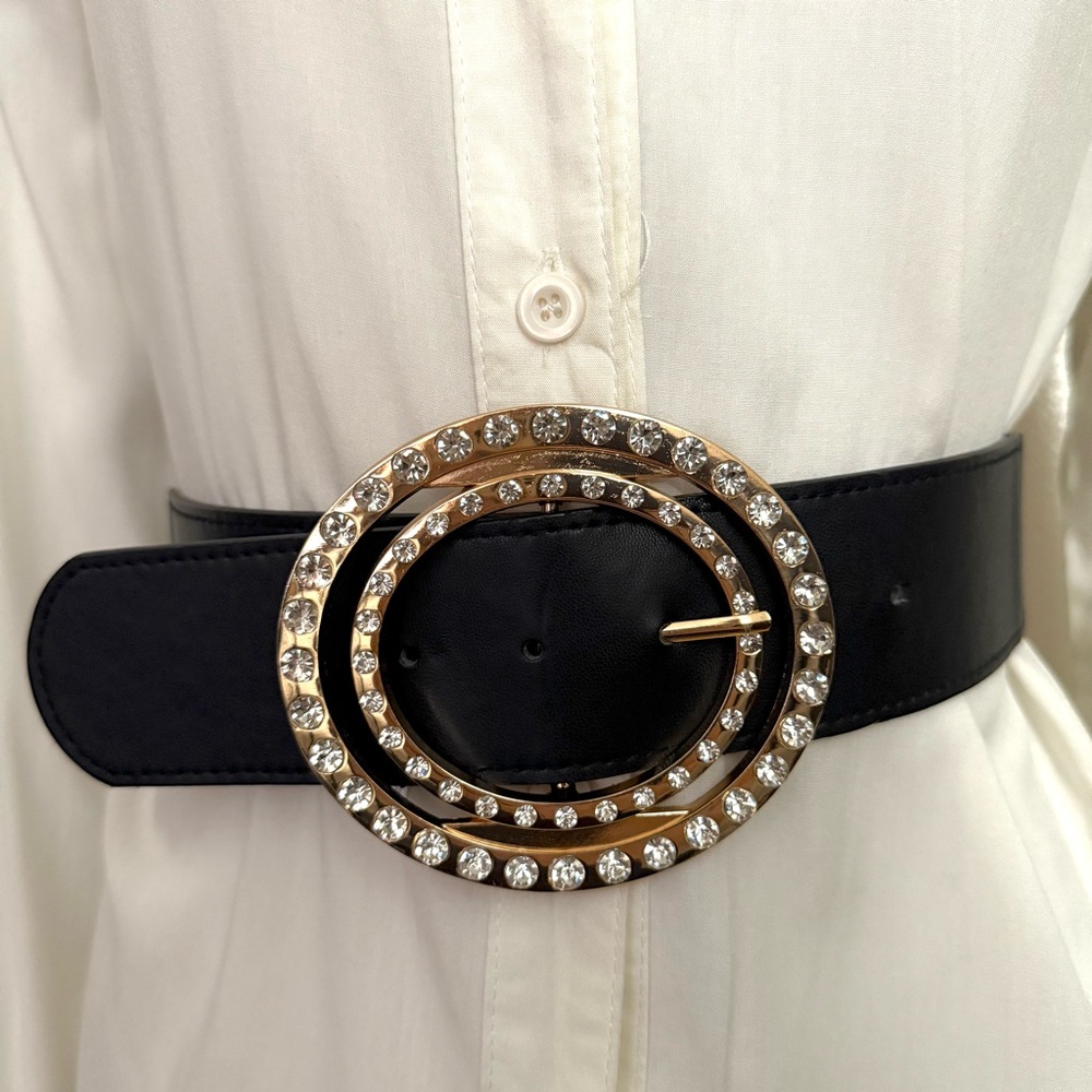 Black PU leather elastic waistband belt oval gold tone rhinestone buckle